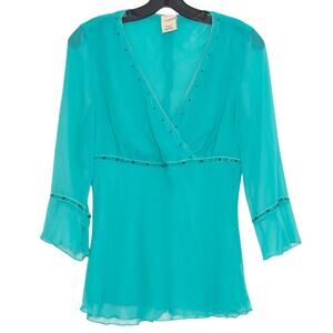 Vintage Faded Glory Top Babydoll Y2K 3/4 Sleeve Fairy Sheer Turquoise Medium